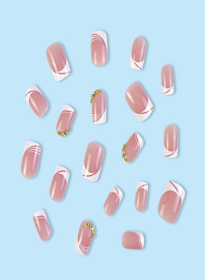 ASONRL 24 Pcs Acrylic Press on Nails, ASONRL Short Medium Square French White Edge Pink Fake Nails with Gold Rhinestones, Glue on Nails Reusable False Nails for Women, French- Gold Diamond Square - Image 2